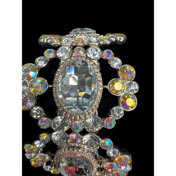 Vintage Gold-Tone Statement Bracelet With Oval Cut Crystal & Iridescent Rhinesto - Picture 5 of 8
